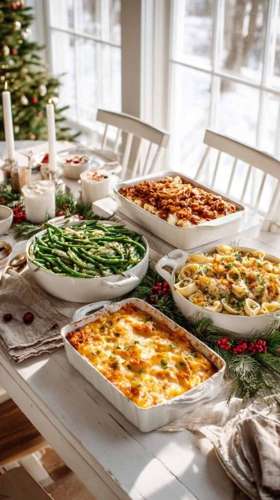 Christmas casserole spread on white farmhouse table: green beans, sweet potato, stuffed shells, chicken-broccoli rice, cheesy corn