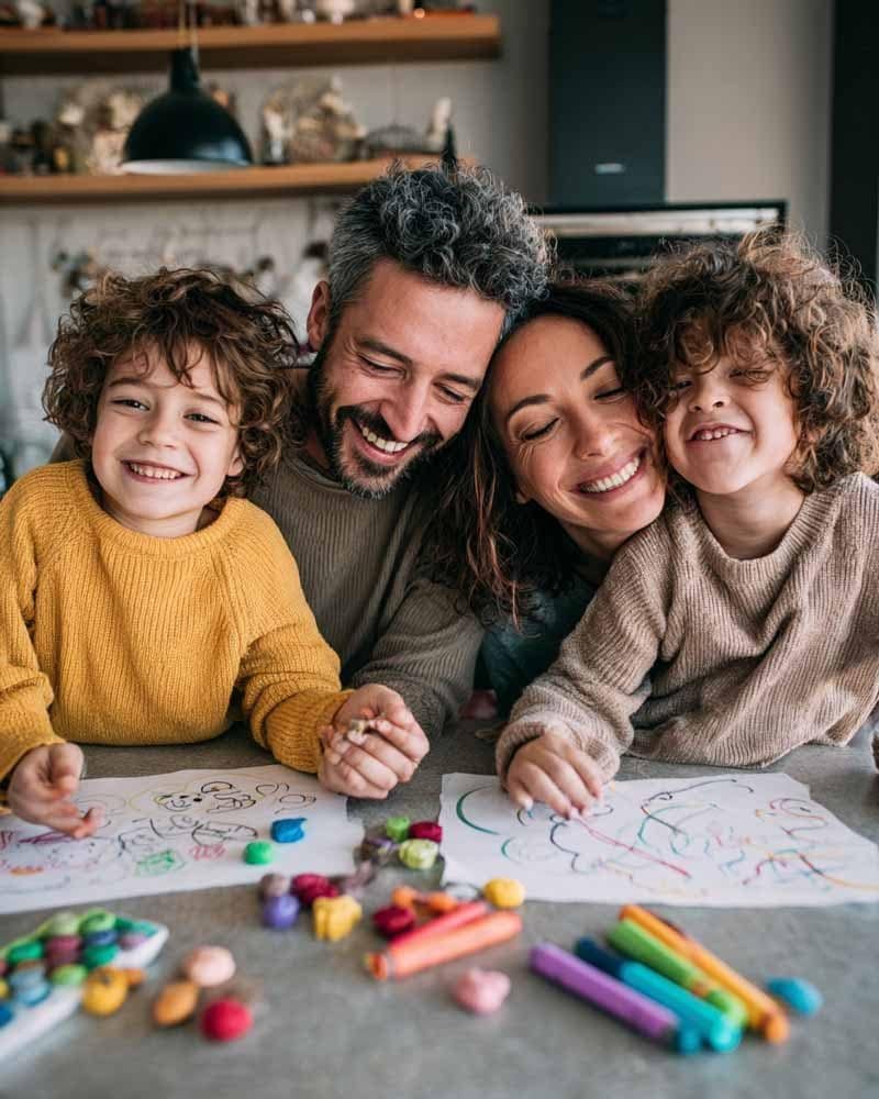 Happy family at a bright kitchen table, parents and kids laughing and drawing in a cozy home atmosphere