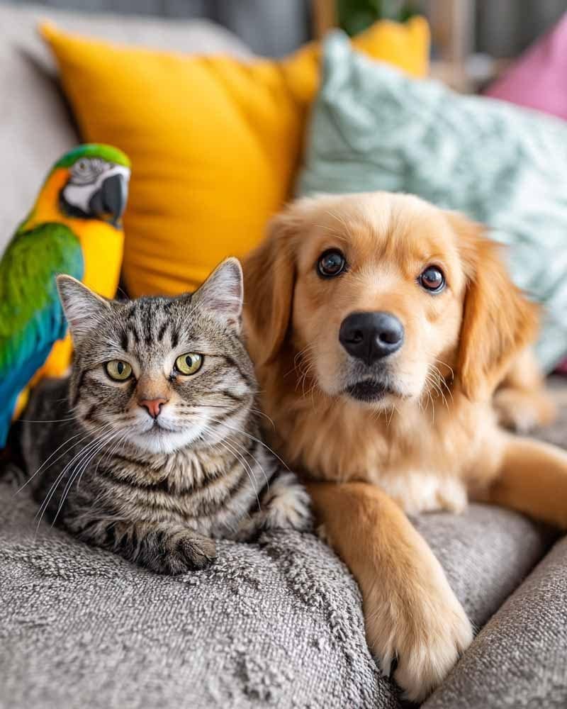 Cat and dog sitting together with a bright green parrot nearby, cozy home scene in warm natural light