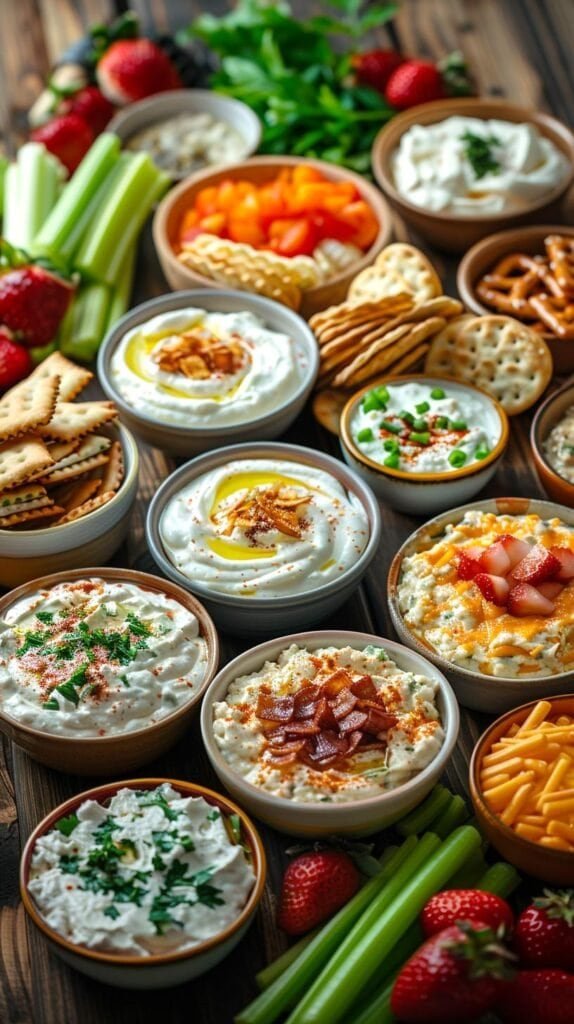 Cozy tabletop with multiple cream cheese dips in bowls — savory bacon, herbed, and cheesy blends — surrounded by celery sticks, pretzels, and colorful veggies.