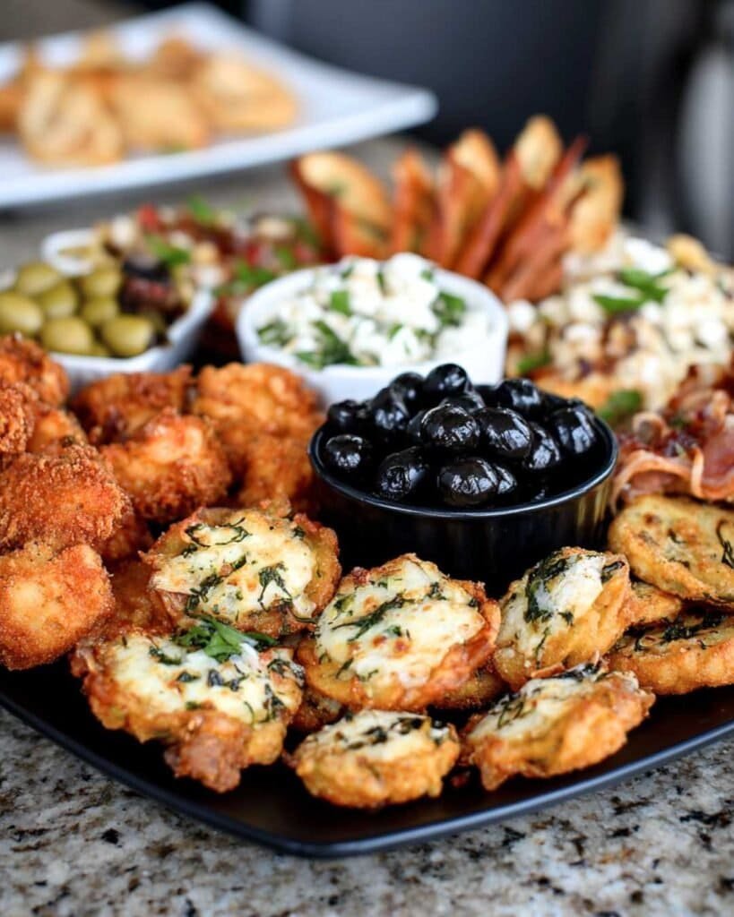 Assorted appetizers platter with fried bites, olives, feta and savory dips