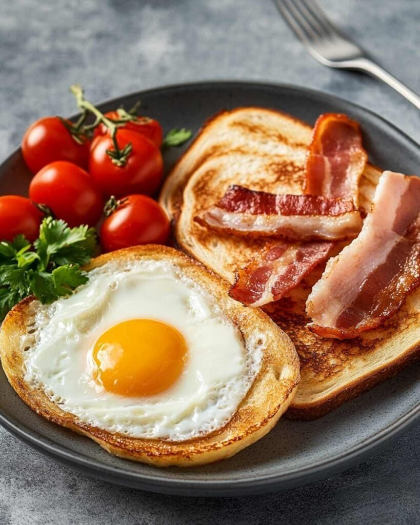 Classic breakfast plate with sunny-side-up egg, bacon and toast