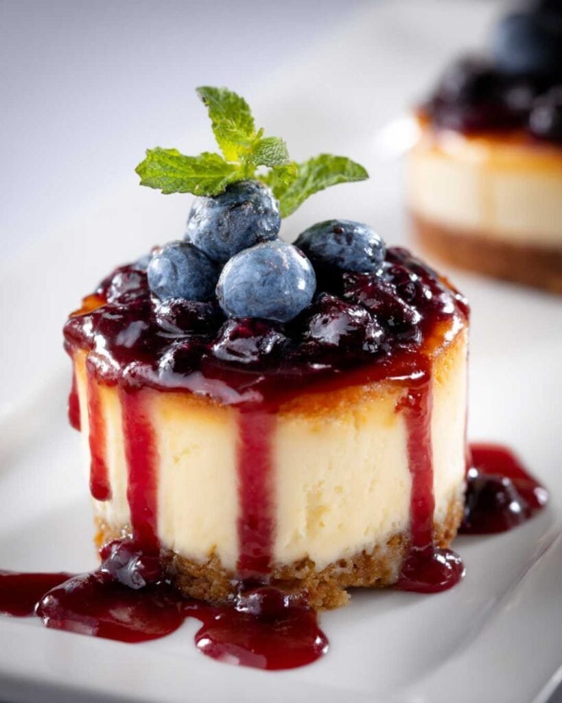 Mini blueberry cheesecake with berry sauce and fresh mint
