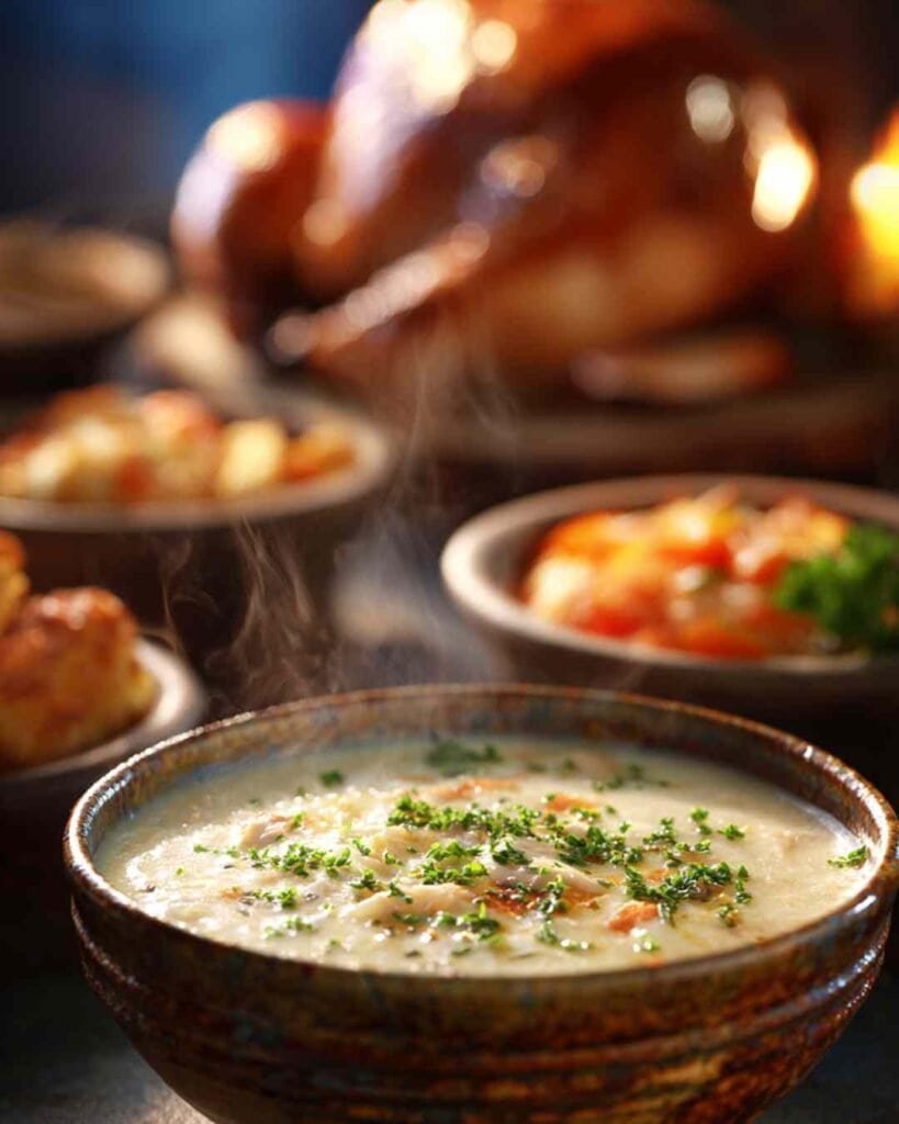 Creamy chicken soup served warm with herbs, classic American comfort food for cozy lunch and dinner recipes